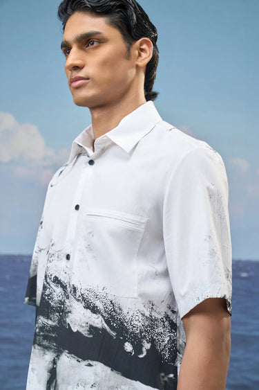 Black and white shirt for men with button-down front and abstract design