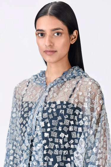 Blue Embroidered Tulle Relaxed Fit Hoodie Jacket