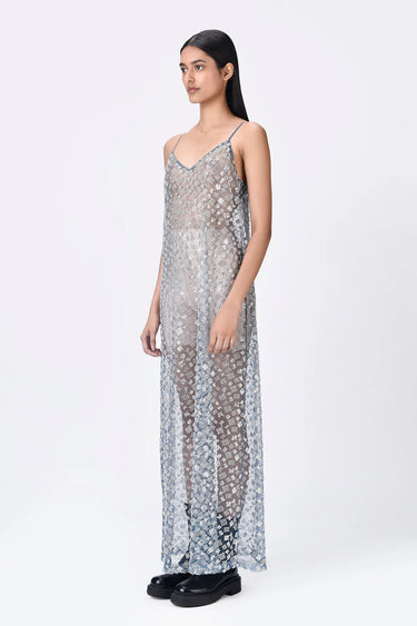 Blue Embroidered Tulle Slip Dress