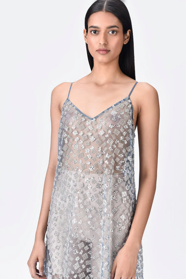 Blue Embroidered Tulle Slip Dress