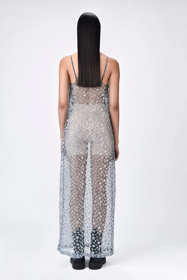 Blue Embroidered Tulle Slip Dress
