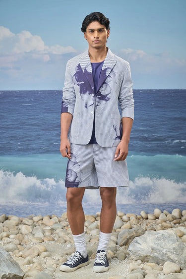 Men blue pinstripe designer jacket in premium cotton fabric, luxury fashion India