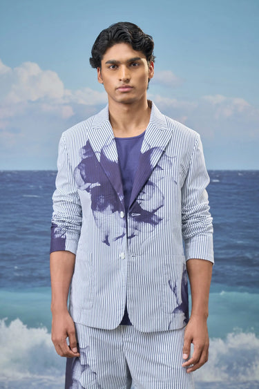 Blue striped blazer for men with notch lapel, modern tailored fit India