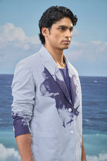 Luxury blue pinstripe jacket men India, stylish designer outerwear