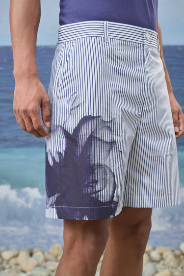 Blue Pinstripe Premium Cotton Printed Easy-Fit Shorts