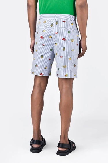 Blue Stripe Cotton Shorts With Fruit Motifs Embroidery - Genes Lecoanet Hemant