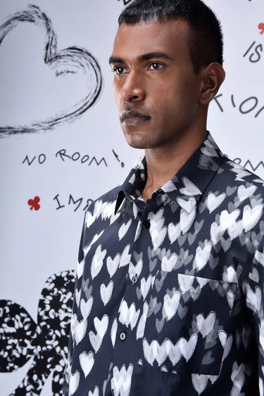 Button Up Heart Regular Fit Shirt- Black - Genes Online Store