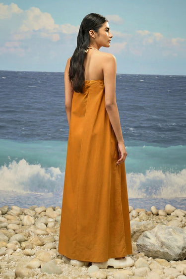 Caramel Giza cotton dress for women showing breathable fabric texture