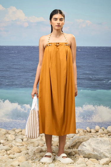 Caramel Premium Giza Cotton Pleated Sleeveless Dress