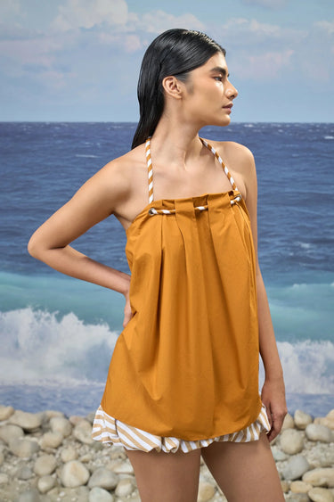 Caramel sleeveless top for women with pleated design and clean neckline