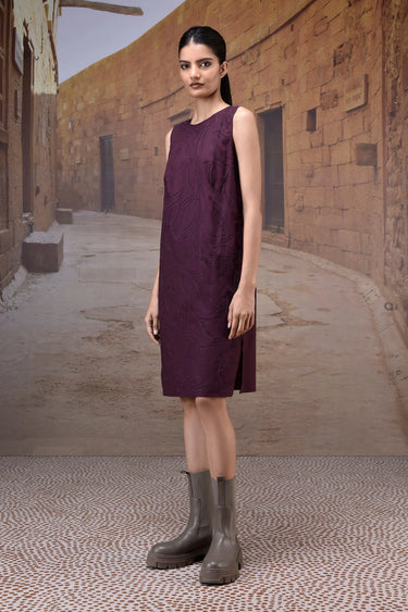 Women maroon embroidered shift dress with modern silhouette, luxury fashion India