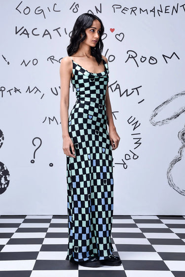 Chess Board Cowl Neck Slim Fit Dress - Genes Online Store