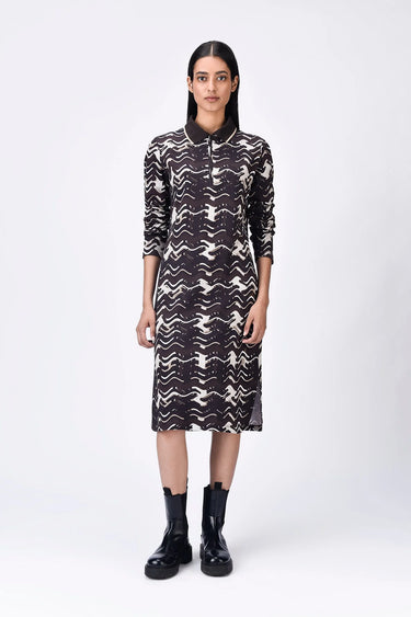 Chocolate Brown Cotton Pique Polo Dress with Front Zipper - Genes Lecoanet Hemant