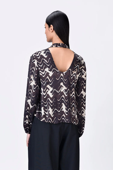 Chocolate Brown Viscose Satin Draped Top with Band Collar - Genes Lecoanet Hemant