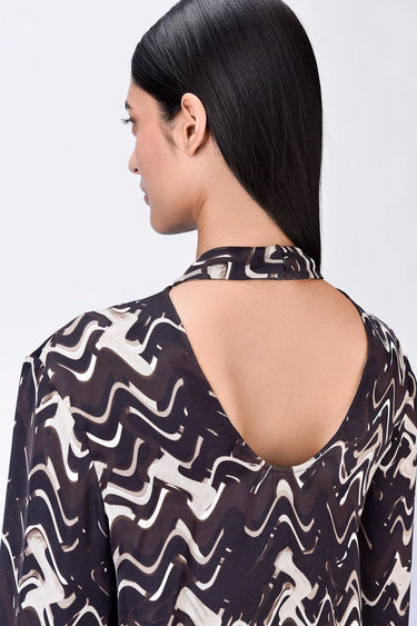 Chocolate Brown Viscose Satin Draped Top with Band Collar - Genes Lecoanet Hemant
