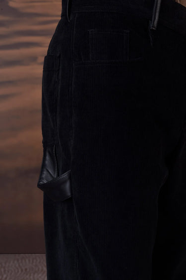 Classic Black Corduroy Trousers with Leather Detail - Genes Online Store