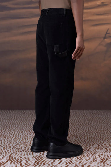 Classic Black Corduroy Trousers with Leather Detail - Genes Online Store