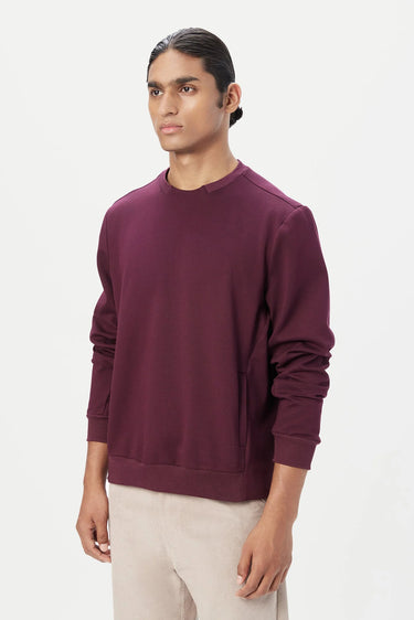 Classic Fit Sweatshirt with Brushed Logo Print Placement- Wine