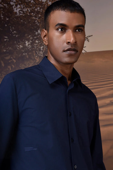 Premium navy Giza cotton shirt with breathable poplin fabric and refined finish