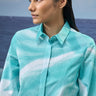 Printed cotton poplin shirt for women showing breathable crisp fabric texture