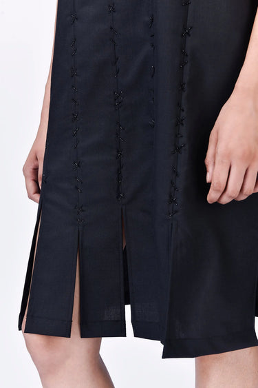 Clay Poly Wool Straight Fit Paneled Dress with Beads Embroidery