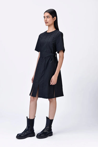 Clay Poly Wool Straight Fit Paneled Dress with Beads Embroidery