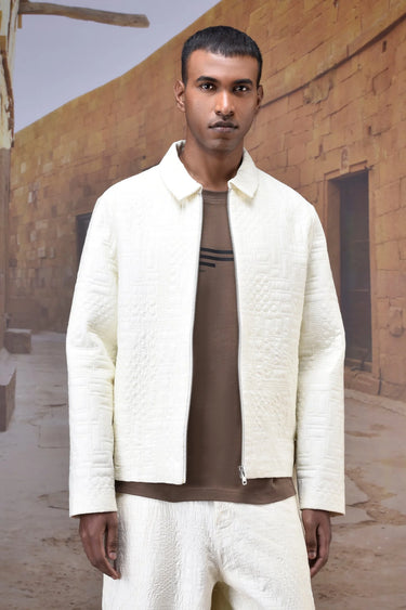 Men off white quilted bomber jacket with modern fit, luxury fashion India