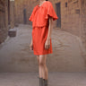 Coquelicot red dress with flounce sleeves styled for occasion and daywear