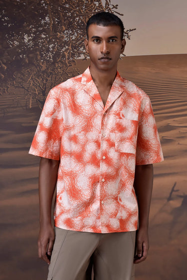 Coquelicot print camp collar shirt for men with relaxed fit and resort-style silhouette