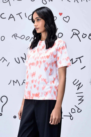 Coral Peach Cotton Single Jersey T-Shirt with Heart Motif Print