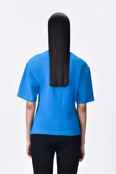 Cotton Jersey Semi-Fitted T-Shirt with Front Knot Detail Azure Blue