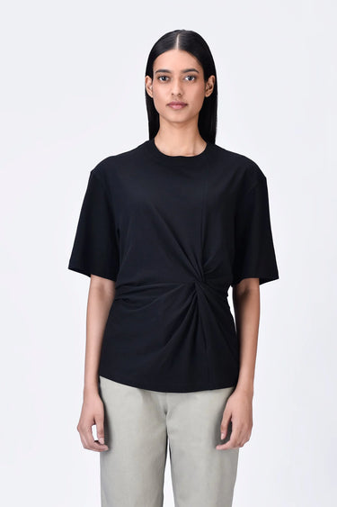Cotton Jersey Semi-Fitted T-Shirt with Front Knot Detail Black