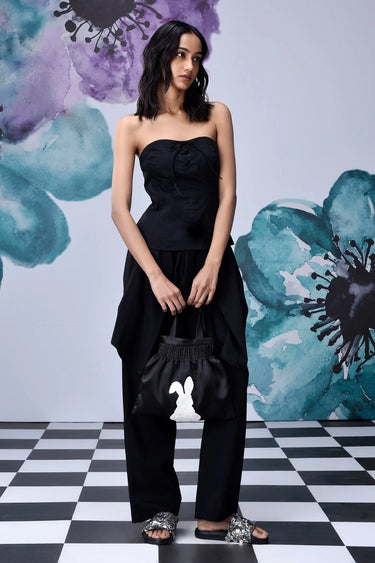 Black cotton lace-up corset for women with structured fit