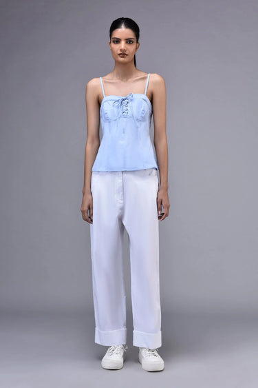 Light blue cotton lace-up corset for women with structured fit