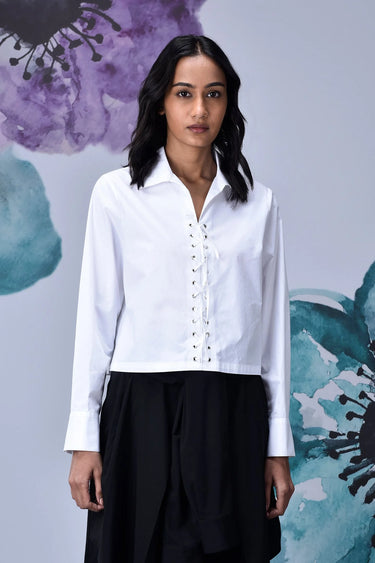 Cotton Lace Up Relax Fit Shirt- White - Genes Online Store