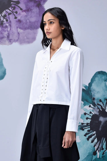 Cotton Lace Up Relax Fit Shirt- White - Genes Online Store