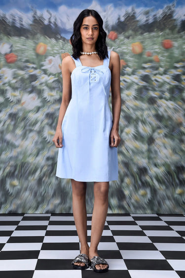Light blue cotton lace-up slim fit dress for women with structured fit