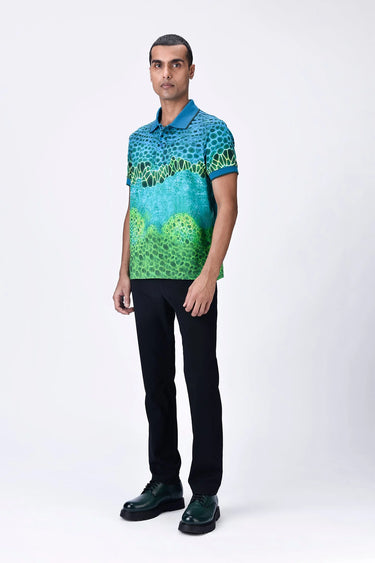 Cotton Pique Polo with Microcell Print & Contrast Collar - Blue Green - Genes Lecoanet Hemant