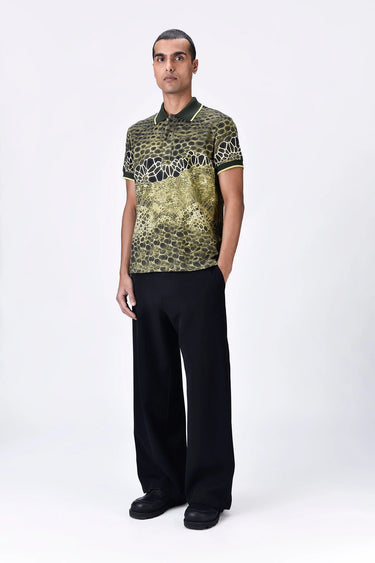 Cotton Pique Polo with Microcell Print & Contrast Collar - Clay Green - Genes Lecoanet Hemant