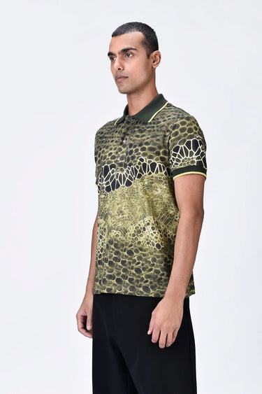 Cotton Pique Polo with Microcell Print & Contrast Collar - Clay Green - Genes Lecoanet Hemant