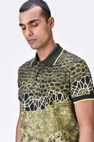 Cotton Pique Polo with Microcell Print & Contrast Collar - Clay Green - Genes Lecoanet Hemant