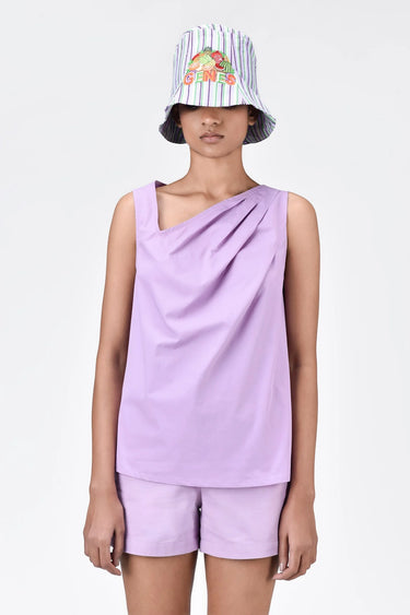 Cotton Poplin A-Line Sleeveless Top with Asymmetric Neck-Lavender - Genes Lecoanet Hemant