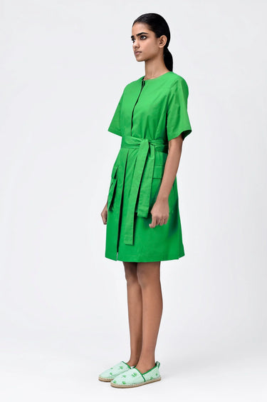 Cotton Poplin Easy Fit Dress With Pleated Flap Pocket-Spring Green - Genes Lecoanet Hemant