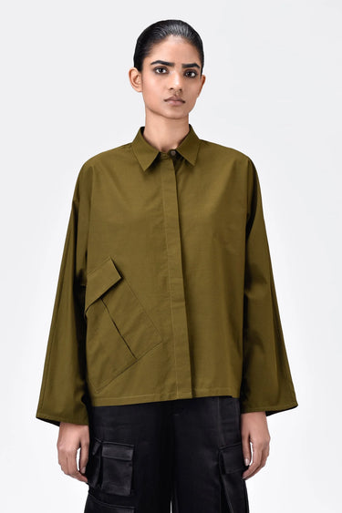 Cotton Poplin Oversized Shirt with Batwing Sleeves Khaki - Genes Lecoanet Hemant