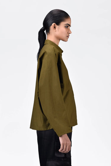 Cotton Poplin Oversized Shirt with Batwing Sleeves Khaki - Genes Lecoanet Hemant