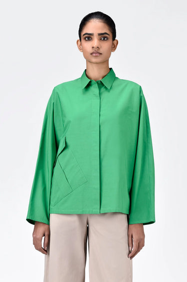 Cotton Poplin Oversized Shirt with Batwing Sleeves Spring Green - Genes Lecoanet Hemant