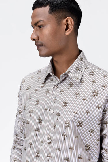 Cotton Poplin Regular Fit Shirt with Palm Stripes Print-Sand - Genes Lecoanet Hemant