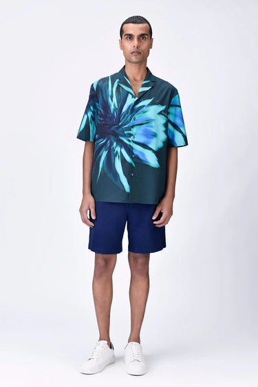 Cotton Poplin Shirt with UV Flower Print - Teal green - Genes Lecoanet Hemant