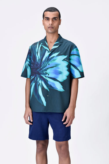Cotton Poplin Shirt with UV Flower Print - Teal green - Genes Lecoanet Hemant