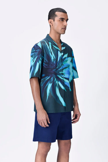 Cotton Poplin Shirt with UV Flower Print - Teal green - Genes Lecoanet Hemant